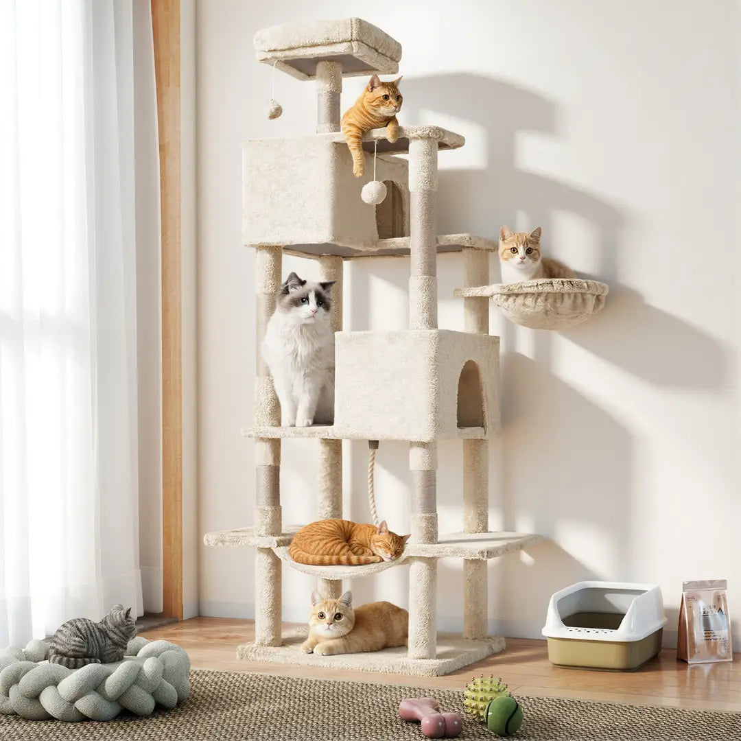 Beige multi-level 66 inch multi-cat tree tower and condo featuring platforms, scratching posts, and a cozy hammock perch for cats.