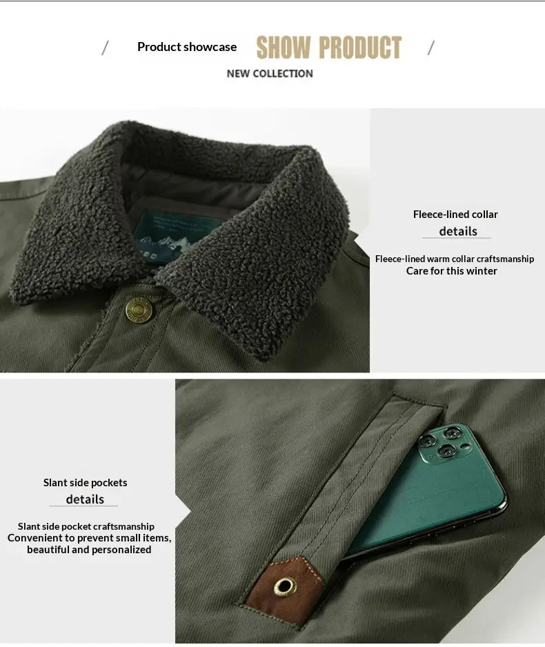 Veste boutonnée en matelassé à empiècements pour homme en velours côtelé vert olive, avec col doublé en polaire moelleuse et poches latérales inclinées.