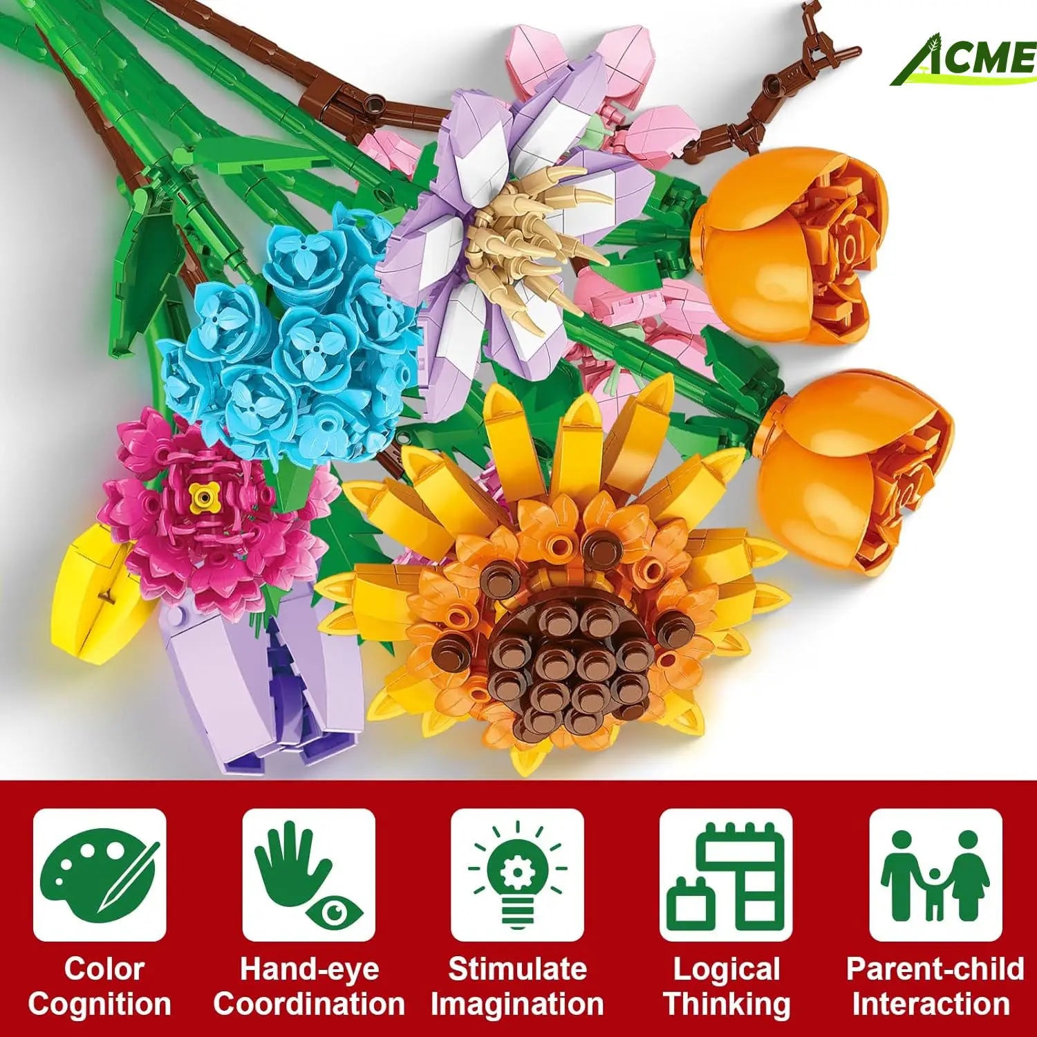 Un bouquet de fleurs lumineux et éclatant, de calendrier de l’Avent en briques de construction, mettant en scène des fleurs colorées de style LEGO, notamment un grand tournesol jaune, ainsi que des fleurs variées en rose, bleu, pourpre et orange.