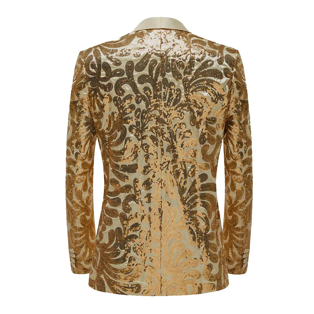 A gold sequin mens suit jacket featuring a shimmering gold and beige sequined fabric with an ornate baroque floral pattern.