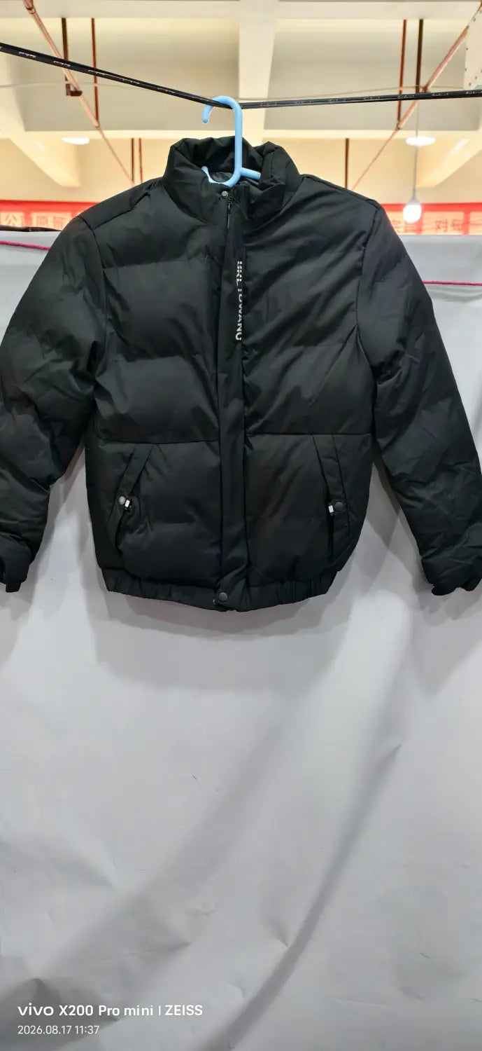 Men’s warm padded down jacket in black featuring a high collar, front zipper closure, and two side pockets.