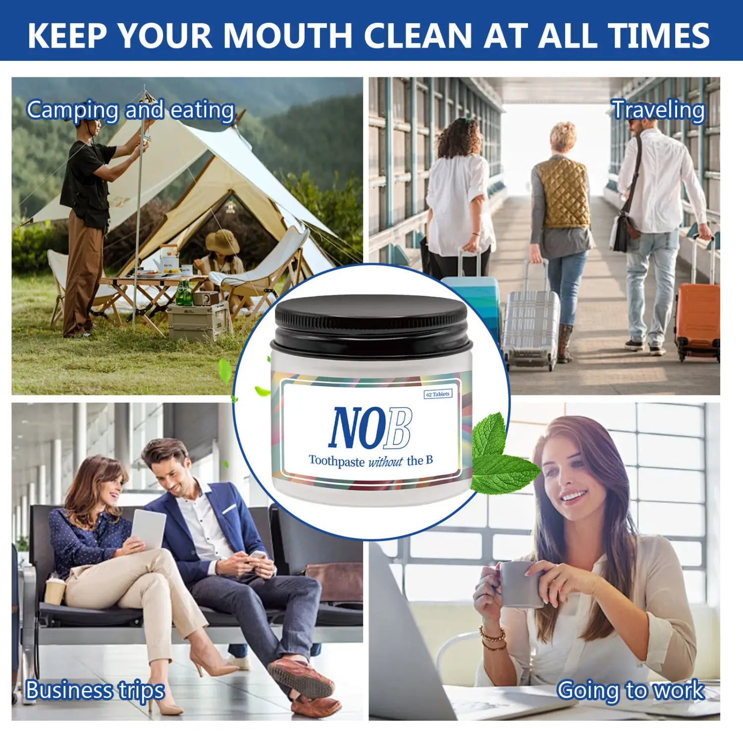 White jar with black lid and colorful label featuring the brand name nob containing 62 solid toothpaste tablets without fluoride for portable breath mint use.