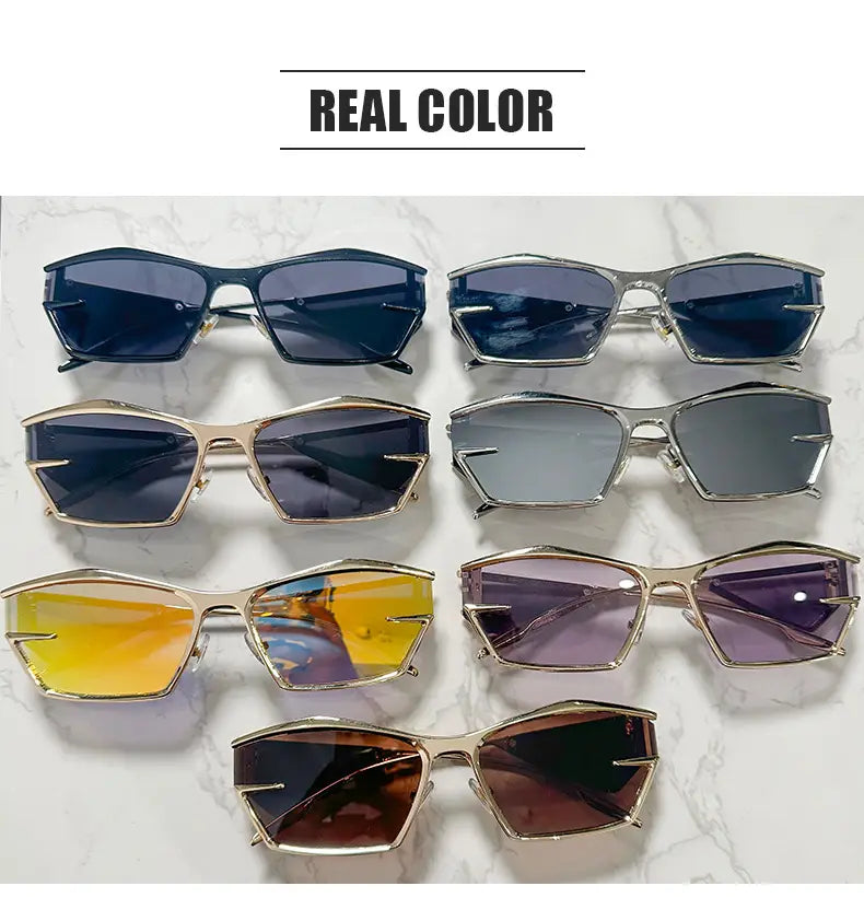 Set of six geometric shield uv400 fashion sunglasses with metallic gold and silver frames and gradient lenses in blue yellow purple and brown tones.