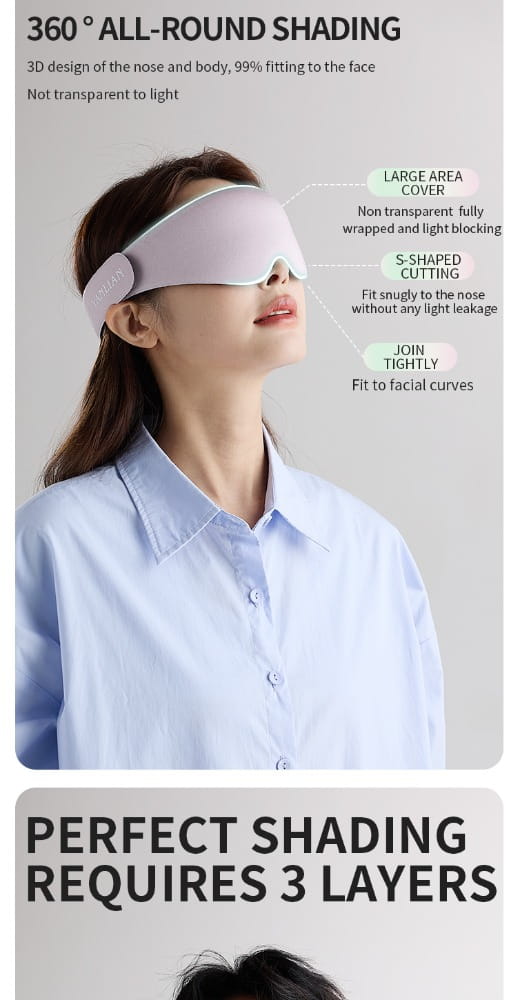 Eine elegante, transluzente lavendelfarbene 3D-Schlafmaske mit atmungsaktivem, konturiertem Design für vollständige Gesichtsbedeckung und Augenschattierung.