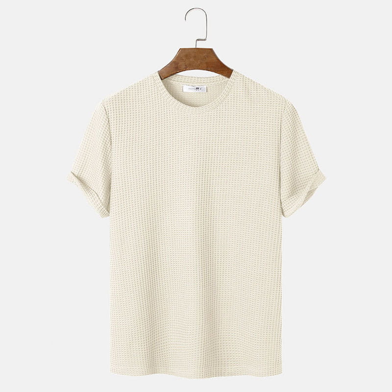 Off-White Herren-T-Shirt in Slim-Fit aus Waffelstrick-Baumwolle als Henley mit klassischem Rundhalsausschnitt und kurzen Ärmeln.