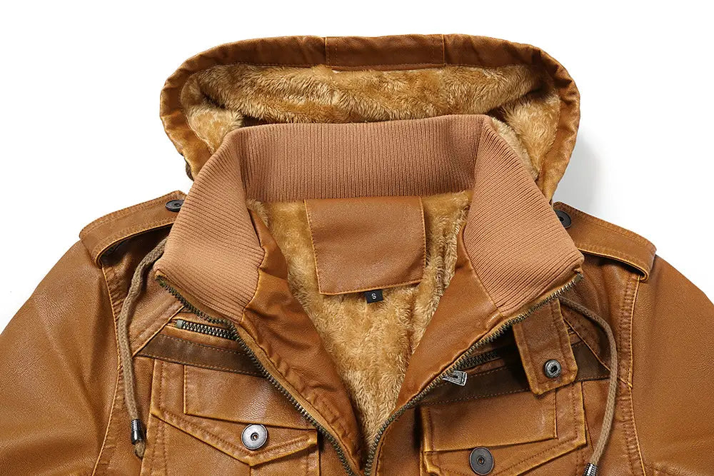Chaqueta de invierno de forro polar de PU para hombre con capucha, de cuero sintético marrón, con capucha y cuello acolchados forrados en forro polar color camel.