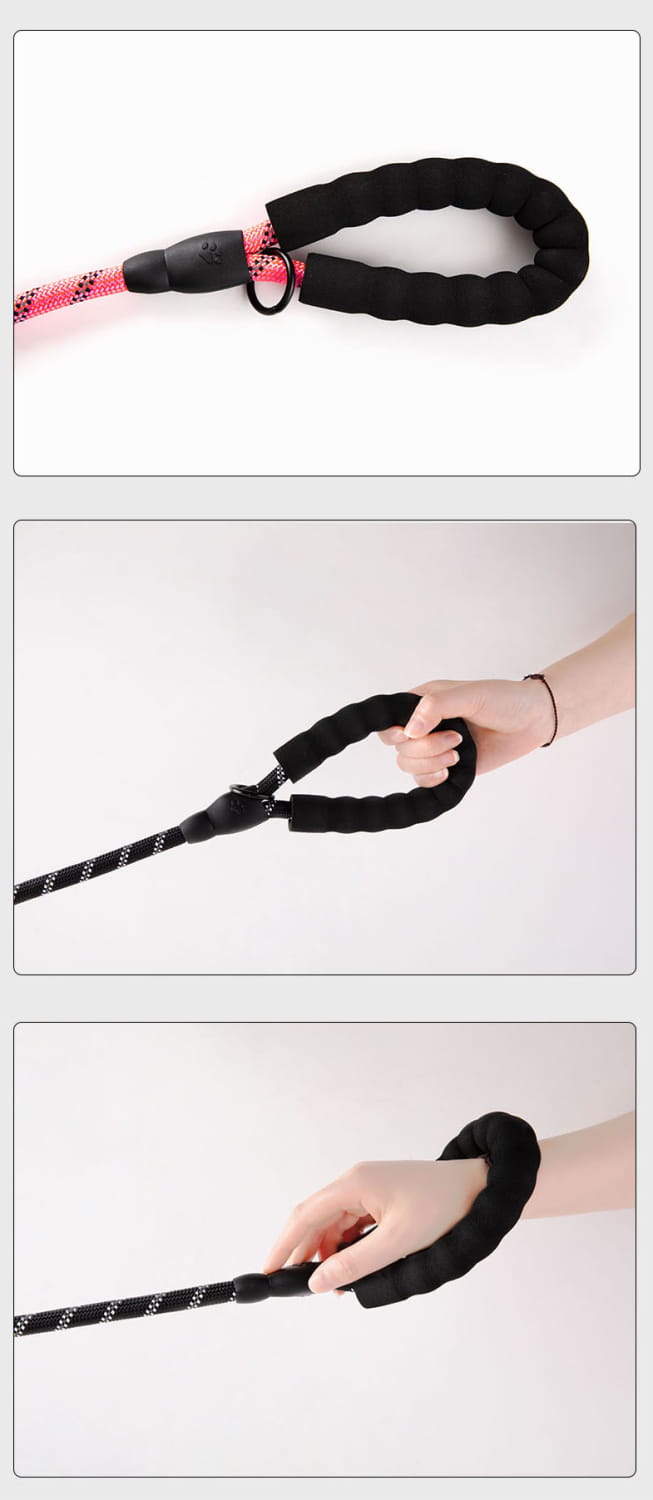 correa para perro con diseño reflectante, que incluye un mango ergonómico acolchado de espuma en color negro y una sección de cuerda trenzada en rosa y negro, para mayor durabilidad y visibilidad.