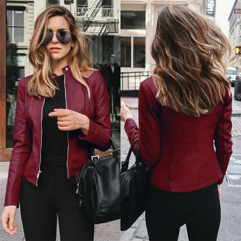 A sleek burgundy faux leather bomber jacket for women with a zipper front and ribbed cuffs designed for urban casual wear.