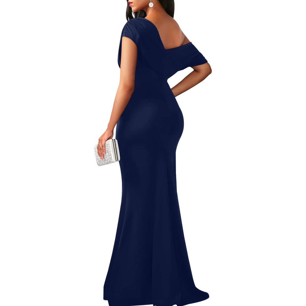 Navy blue off the shoulder mermaid evening gown with short sleeves and a draped bodice featuring a fitted silhouette.
