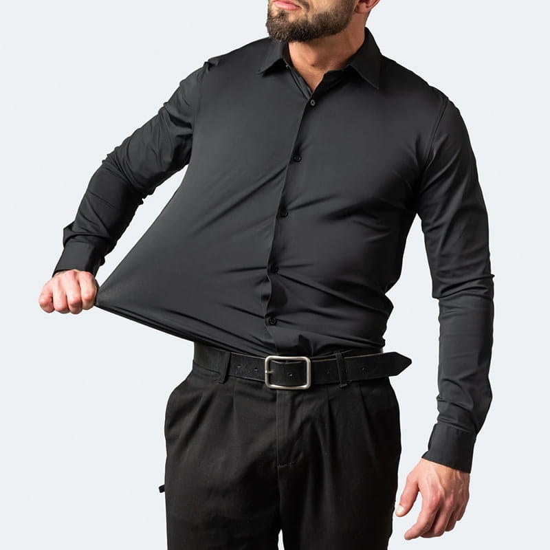 Herren Slim-Fit Business-Kleidhemd mit langem Arm in Schwarz mit klassischem Kragen und Knopfleiste mit Knöpfen für formelle Anlässe.