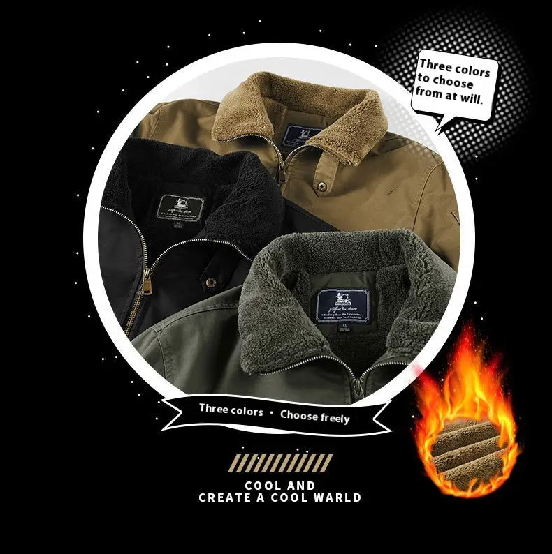 Men cotton shearling bomber jacket in three colors featuring a fleece-lined plush interior and a sturdy outer fabric.