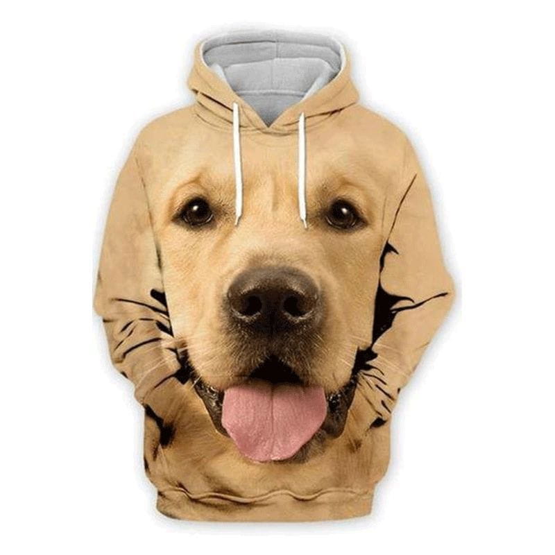 Homme sweat tan à capuche, avec un visuel graphique de visage de Labrador retriever jaune souriant imprimé en 3D, montrant sa langue, des cordons de serrage blancs et une doublure grise, dans un design de sweat à capuche pull-over avec portrait de chien.