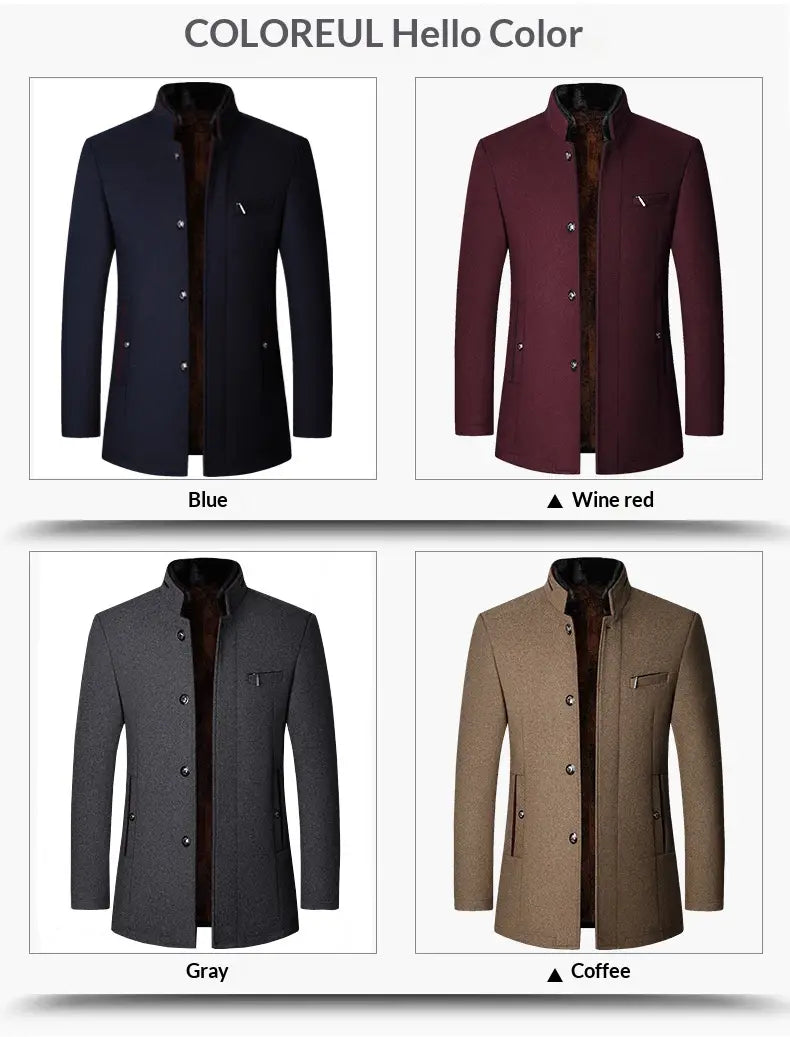 mens wool casual stand collar jacket navy featuring a stand-up collar, front button closure with matching buttons, and two side pockets, available in blue, wine red, gray, and coffee colors.