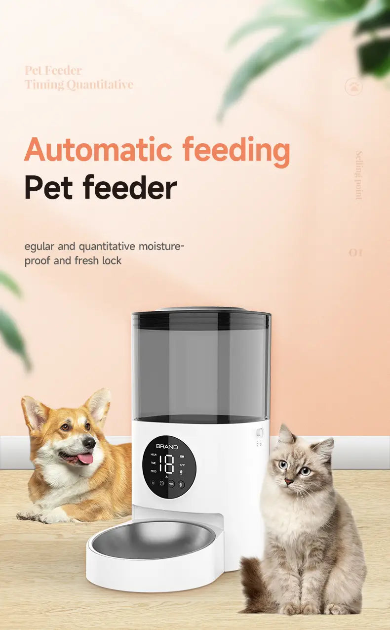 Distributeur pour animaux domestiques intelligent Wi-Fi automatique blanc avec dessus transparent noir et écran numérique affichant le nombre 18 conçu pour chats et chiens, d’une capacité de 4,5 litres.