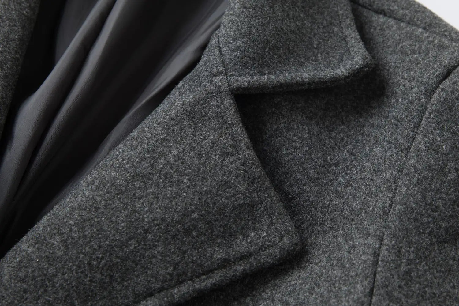 men double breasted wool overcoat mid length coat in textured charcoal gray with classic collar and subtle stitching details