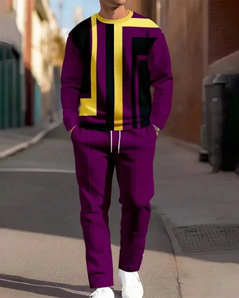Ensemble sweat à carreaux et pantalon pour hommes, comprenant un motif géométrique violet et jaune avec des accents noirs.