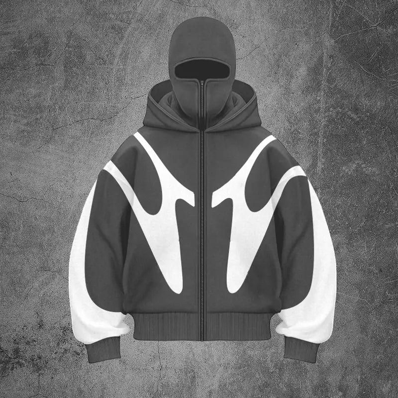 Veste à capuche zippée noire et blanche présentant des graphismes audacieux et abstraits rappelant la flamme sur la poitrine, issus de la collection de la veste zippée à capuche cagoule à graphisme de flamme.