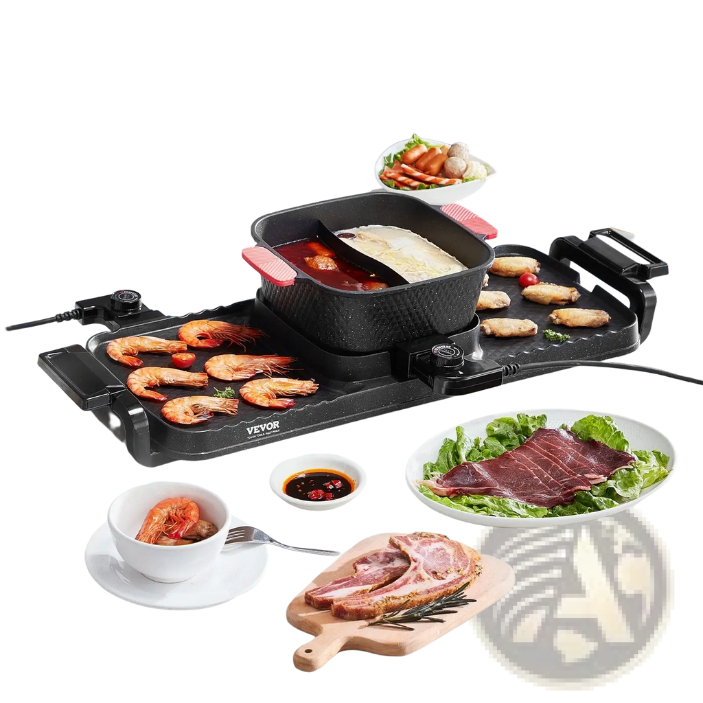 Black vevor 2300w electric hot pot grill with red-handled compartments and textured surface for 2-in-1 bbq cooking