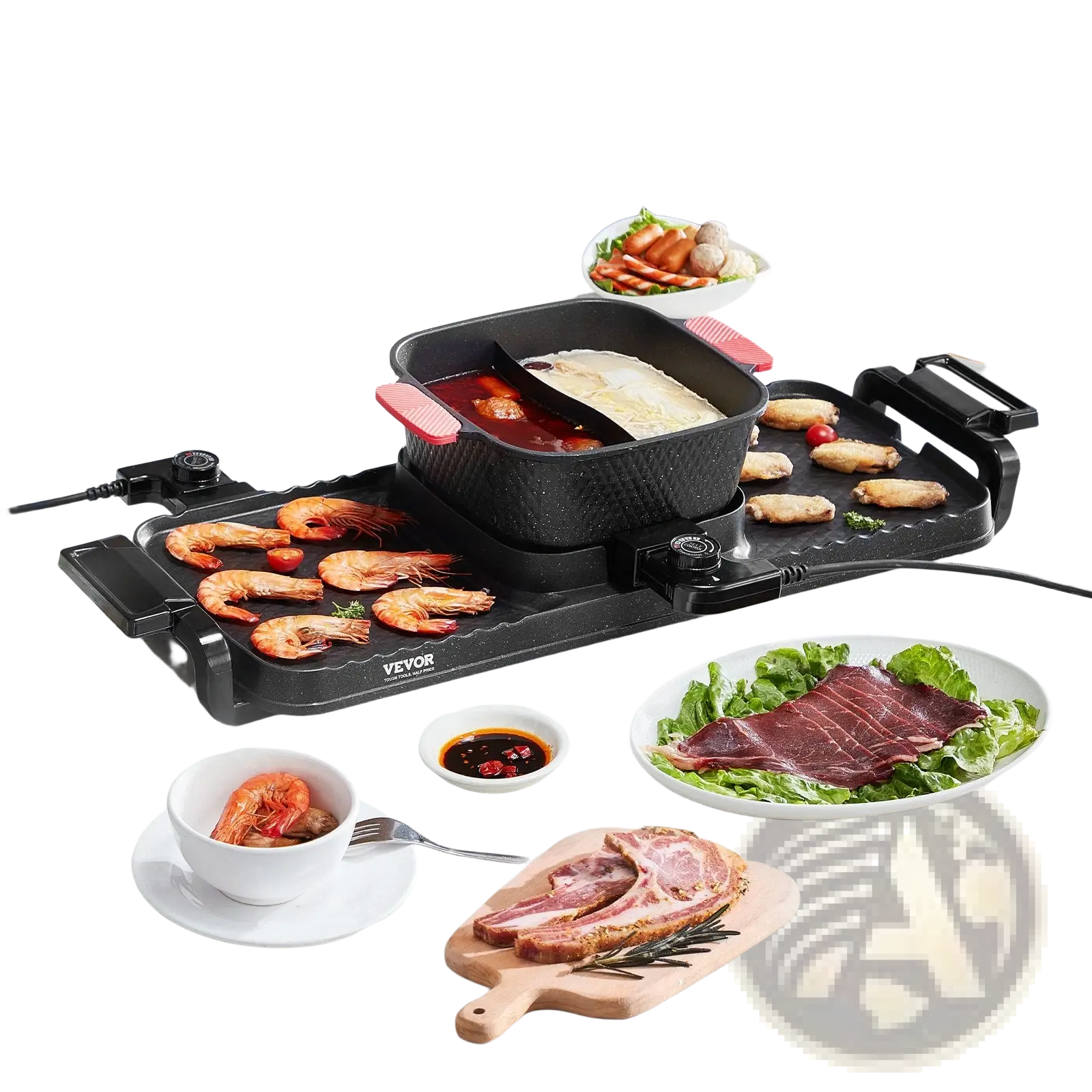 Black vevor 2300w electric hot pot grill with red-handled compartments and textured surface for 2-in-1 bbq cooking