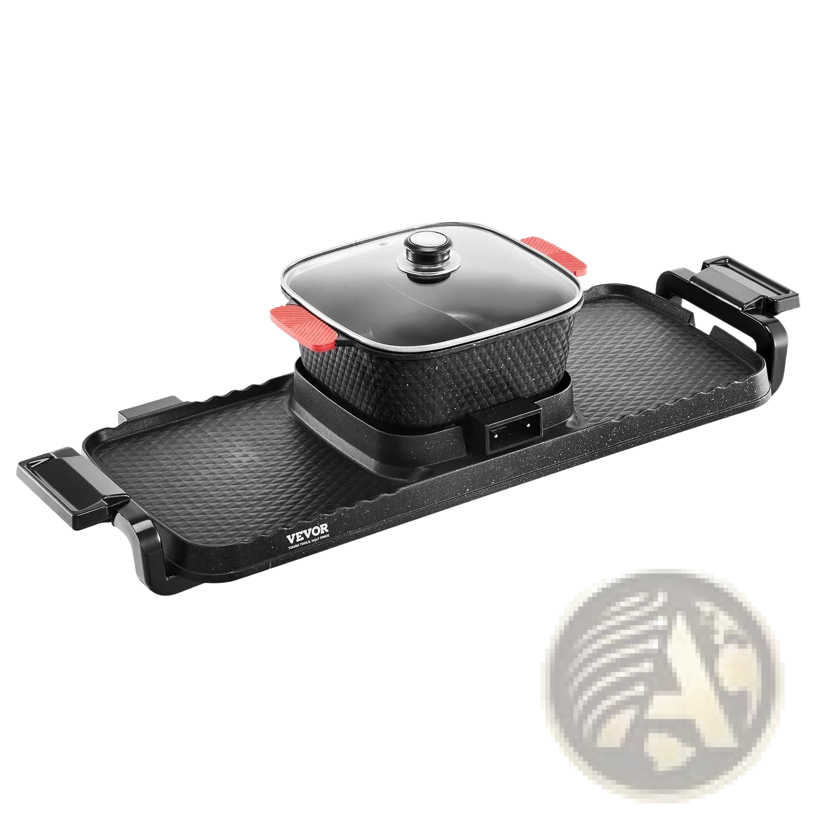 Black vevor 2300w hot pot grill 2-in-1 electric bbq pan with textured surface and red-handled pot on top