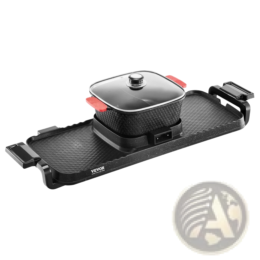 Black vevor 2300w hot pot grill 2-in-1 electric bbq pan with textured surface and red-handled pot on top