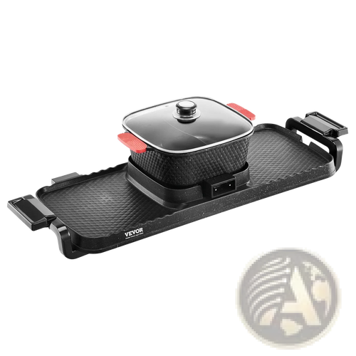 Black vevor 2300w hot pot grill 2-in-1 electric bbq pan with textured surface and red-handled pot on top