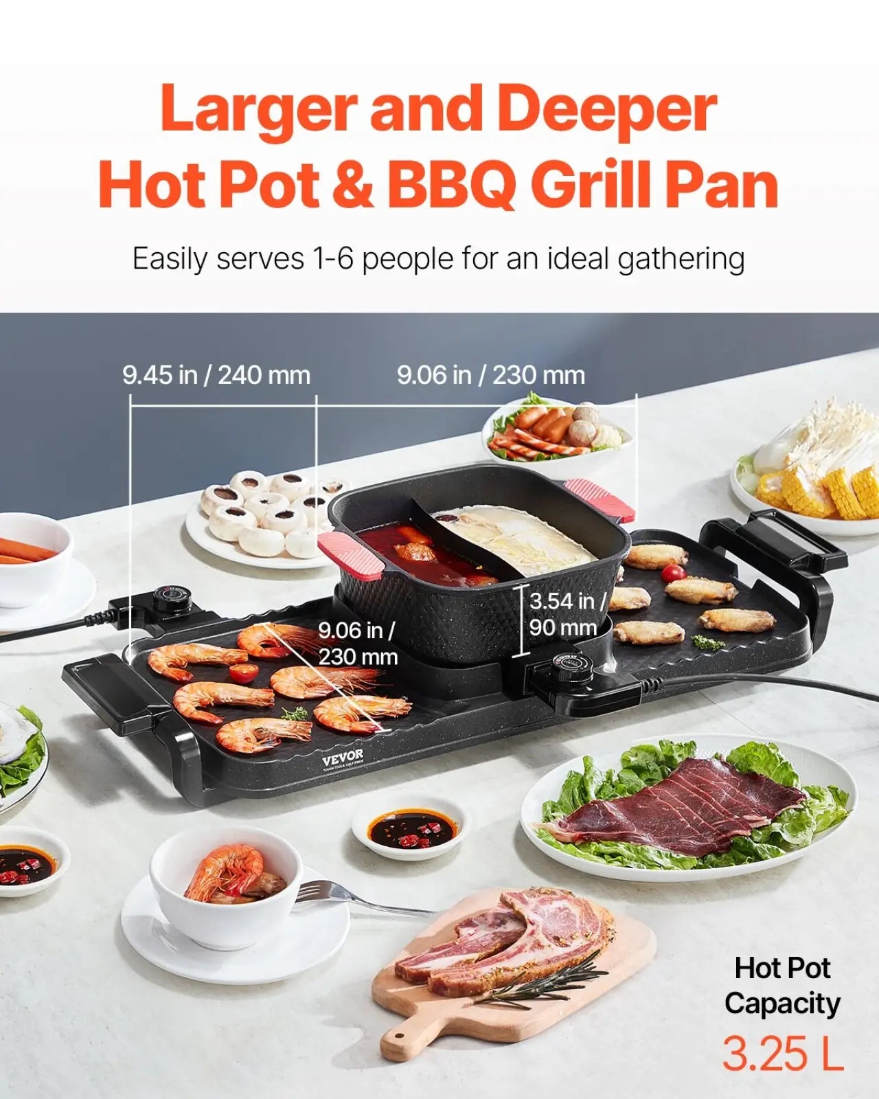 Black 2300w electric hot pot grill pan with red handles dual cooking zones for simmering broth and grilling meat