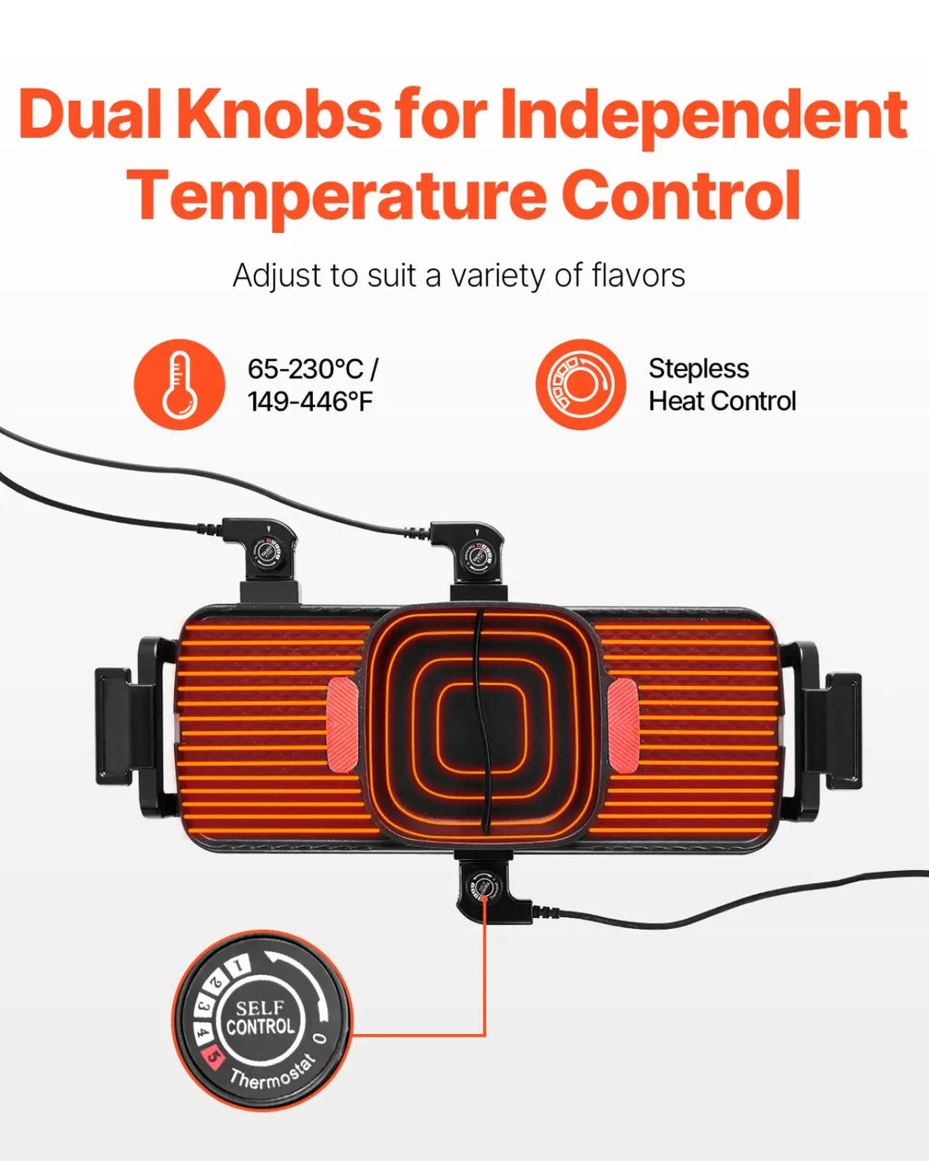 Black and orange 2300w hot pot grill 2-in-1 electric bbq pan with dual knobs for independent temperature control