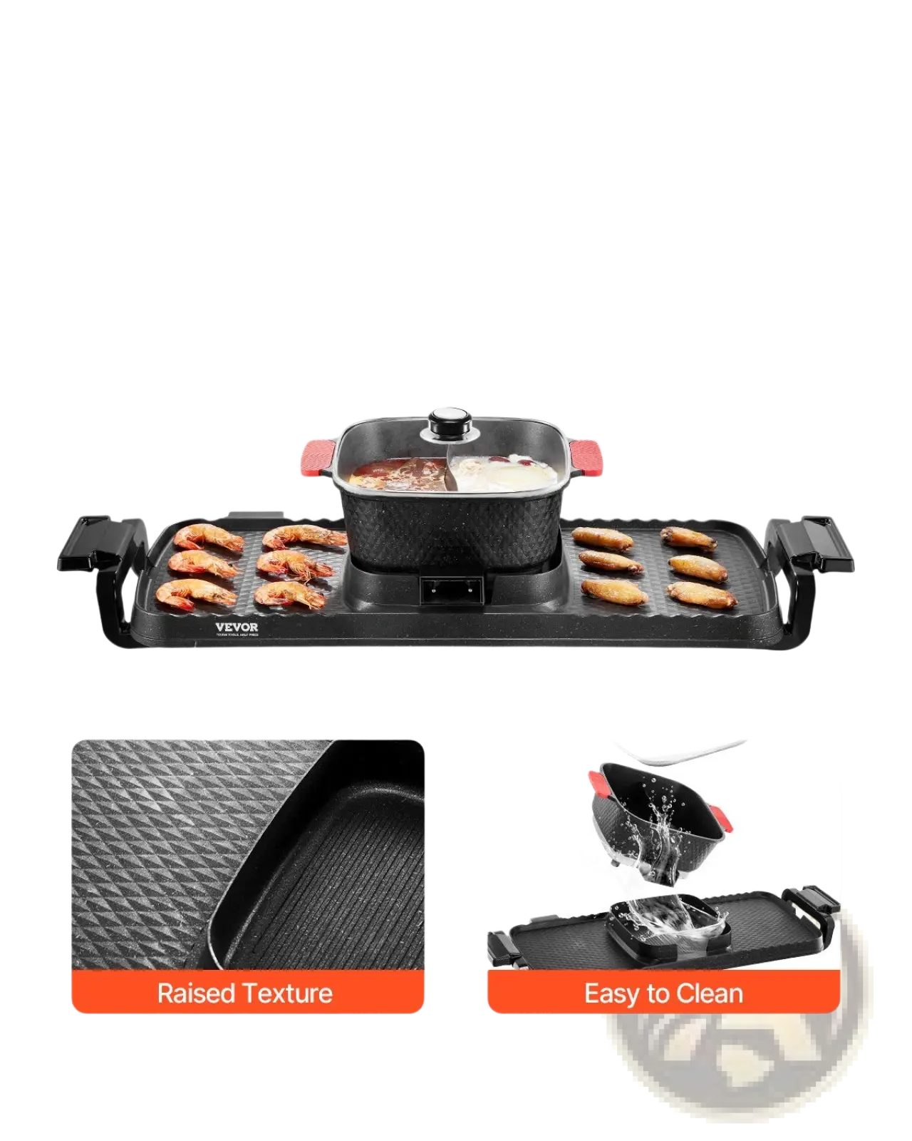 Black 2300w hot pot grill 2-in-1 electric bbq pan with built-in dual-zone pot textured non-stick surface and red handles