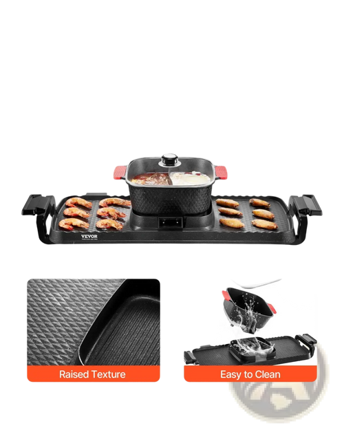 Black 2300w hot pot grill 2-in-1 electric bbq pan with built-in dual-zone pot textured non-stick surface and red handles