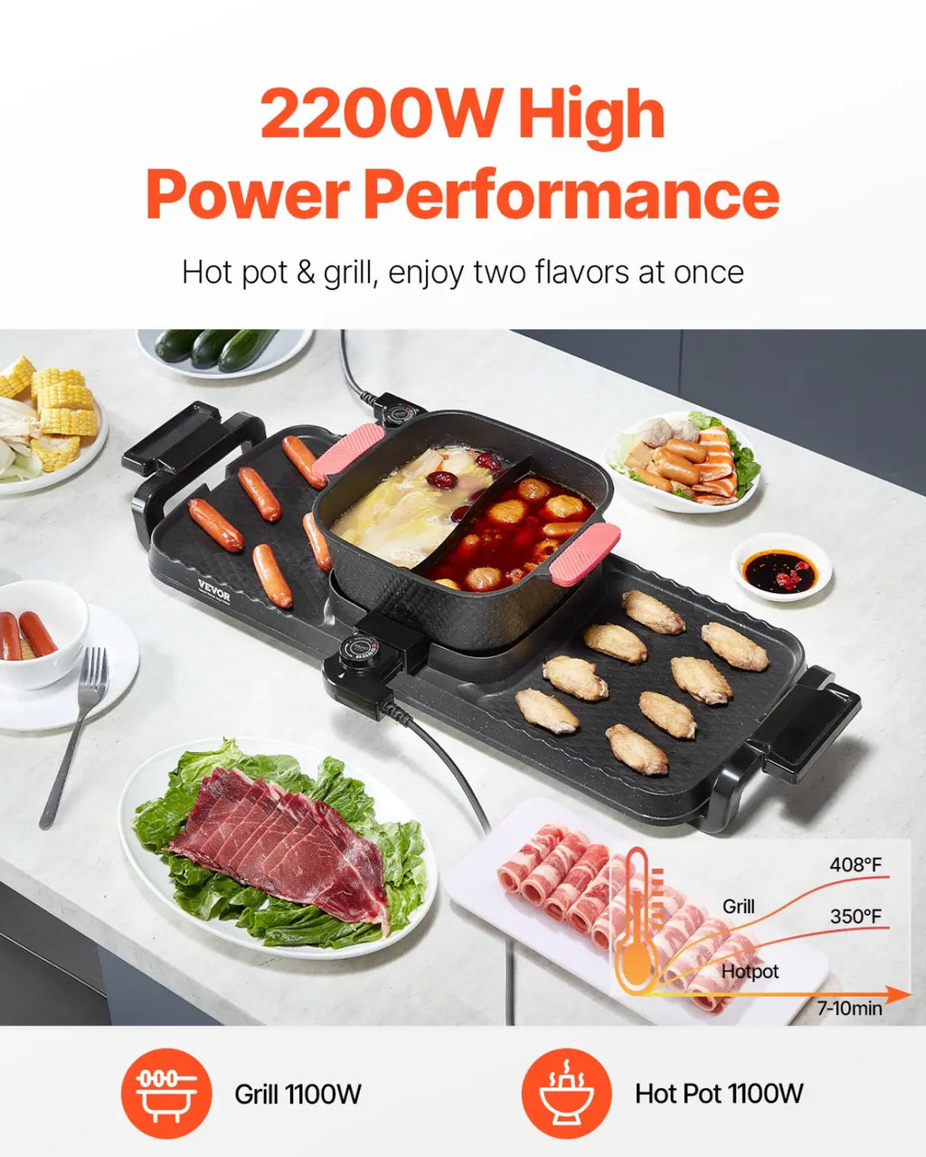 Black 2300w hot pot grill 2-in-1 electric bbq pan with divided surface for simmering broth and grilling meat 3.25l capacity