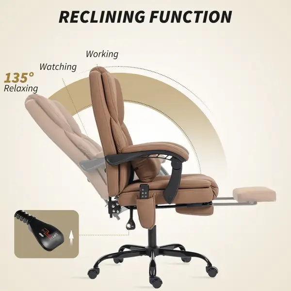 Sillón de oficina reclinable con funciones de masaje de cuero marrón, con reposabrazos ajustables y reposapiés de polipiel, con base de metal negro y ruedas.