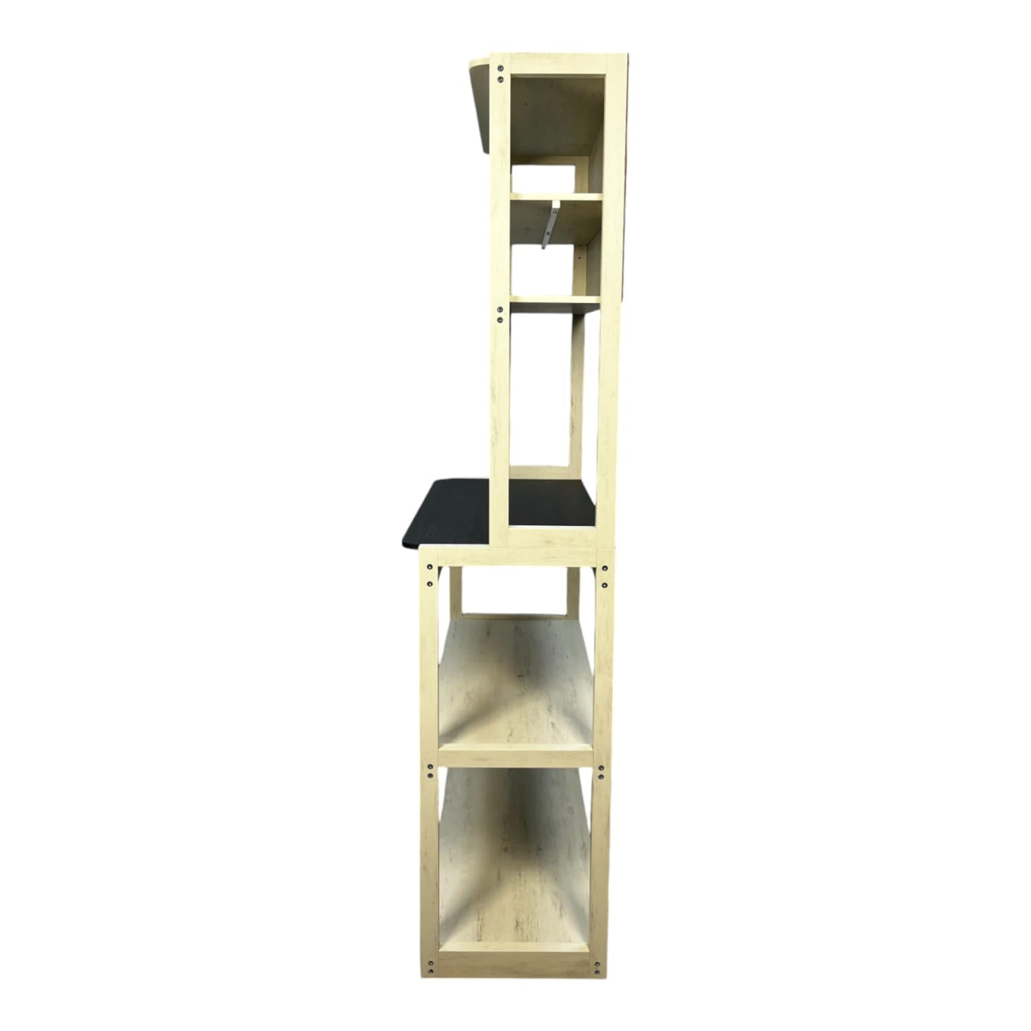 Light wood-framed 5-tier kitchen baker’s rack microwave stand with black seat and multiple open shelves in white and black.