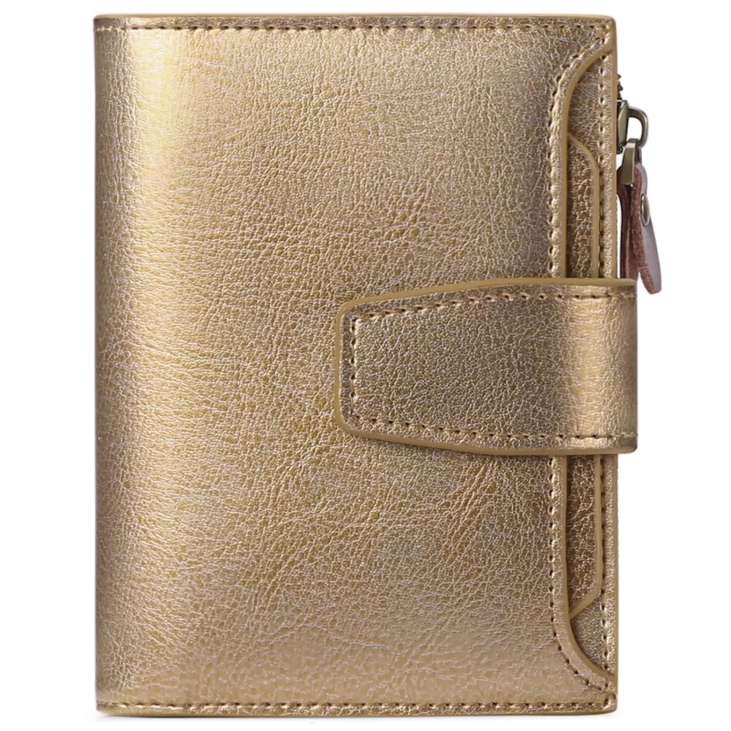 Gold metallic RFID leather wallet with textured finish and zipper closure featuring anti theft protection.