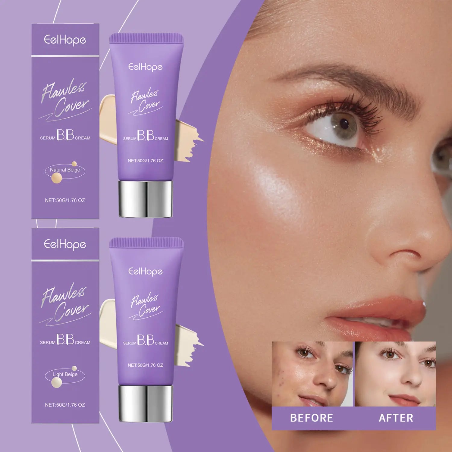 Tubes violets de bb crème Eelhope flawless cover serum BB crème à la couvrance parfaite, avec capuchons argent, en teinte beige naturel et beige clair, pour une hydratation et une couvrance parfaite 50 g.