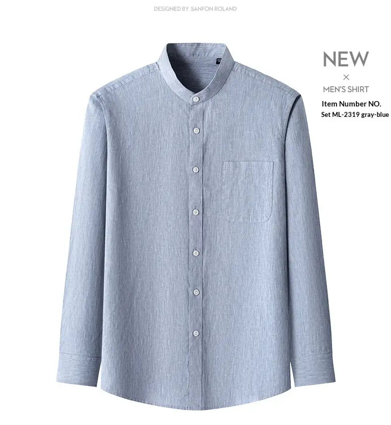 Men linen mandarin collar slim shirt in gray-blue featuring long sleeves, a stand collar, and a chest pocket designed by Sanfon Roland.