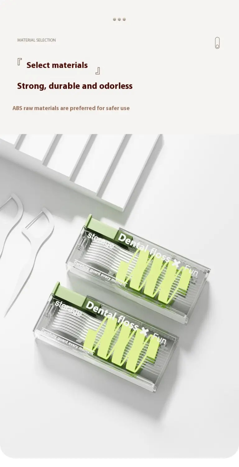 Contenedores de plástico transparente que sostienen hilo dental verde brillante, etiquetado como diversión con hilo dental, en un dispensador automático de apertura emergente para caja portátil de hilo dental.