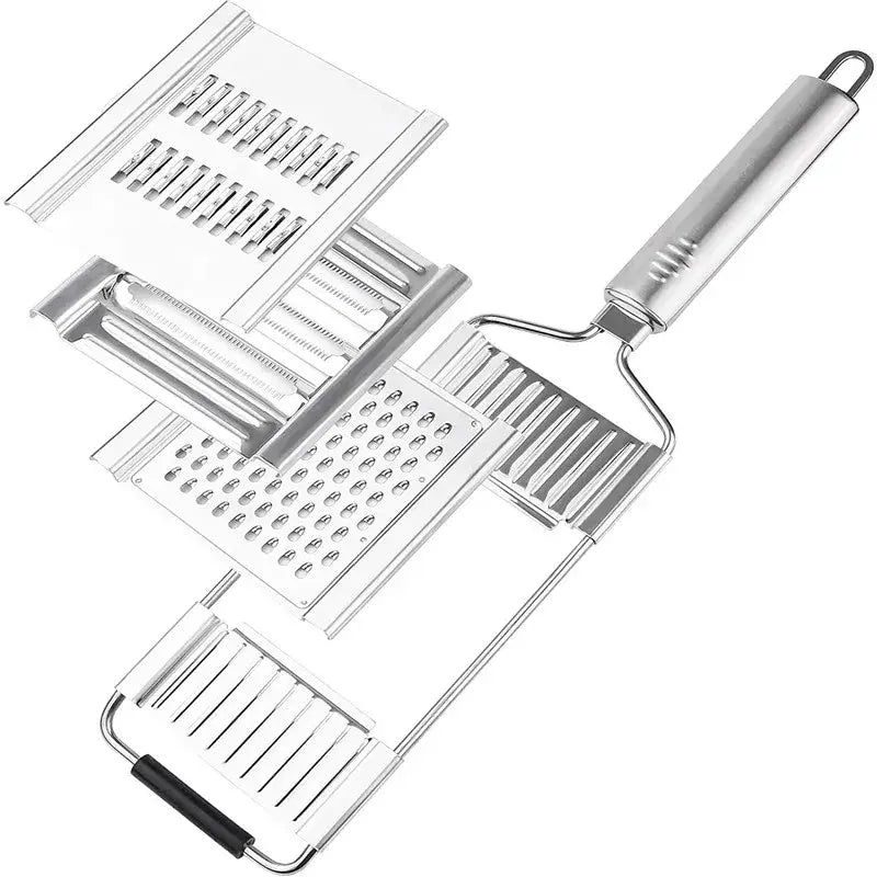 Juego de rallador y cortador multiusos de acero inoxidable plateado con cuchillas intercambiables para diferentes texturas de corte de verduras.