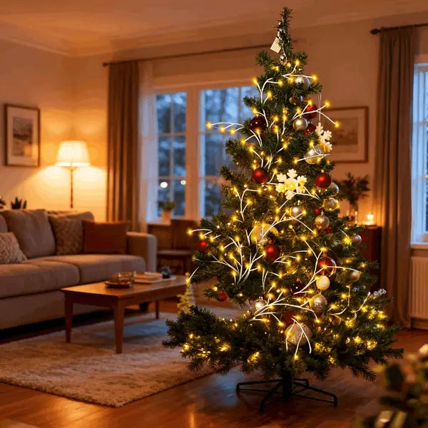 un árbol de Navidad artificial festivo decorado con una guirnalda de abedul que presenta 144 luces LED blancas cálidas impermeables, adornos en color rojo y dorado, y delicadas decoraciones con forma de copos de nieve