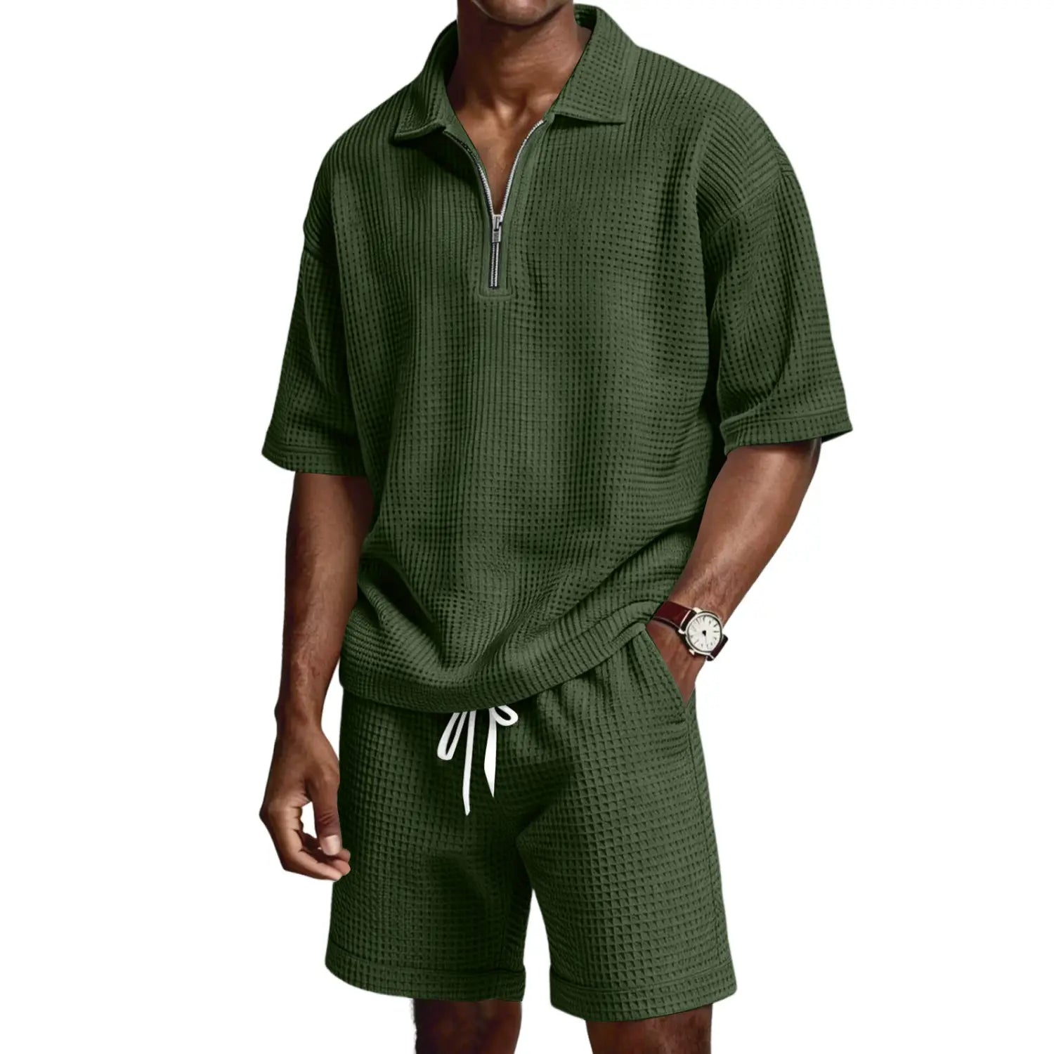 Chemise polo à demi-zip en maille nid d’abeilles vert foncé, assortie de shorts, ensemble short polo à demi-zip en maille nid d’abeilles