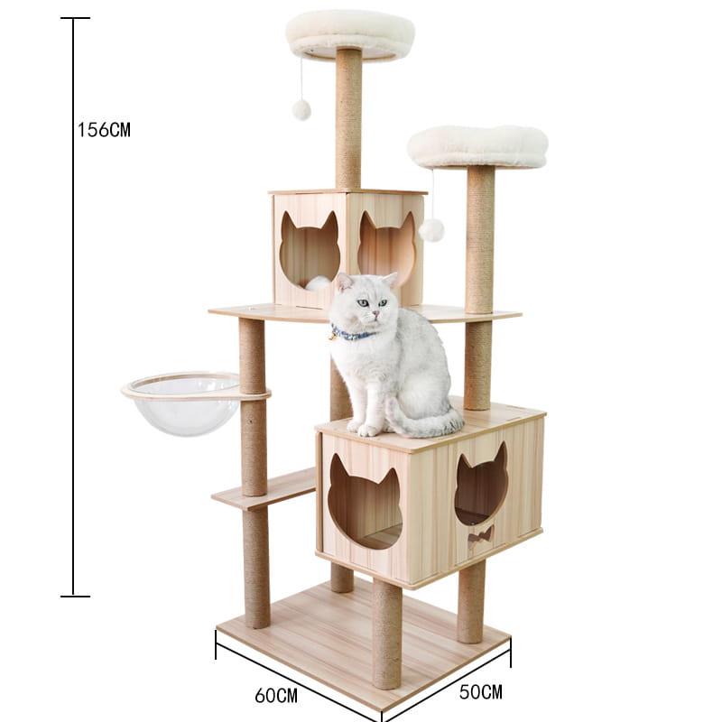 Light wood-finished wooden cat tree scratching post and condo with cream-colored plush platforms, multi-level design, and cat-shaped cutout windows on cubbies.