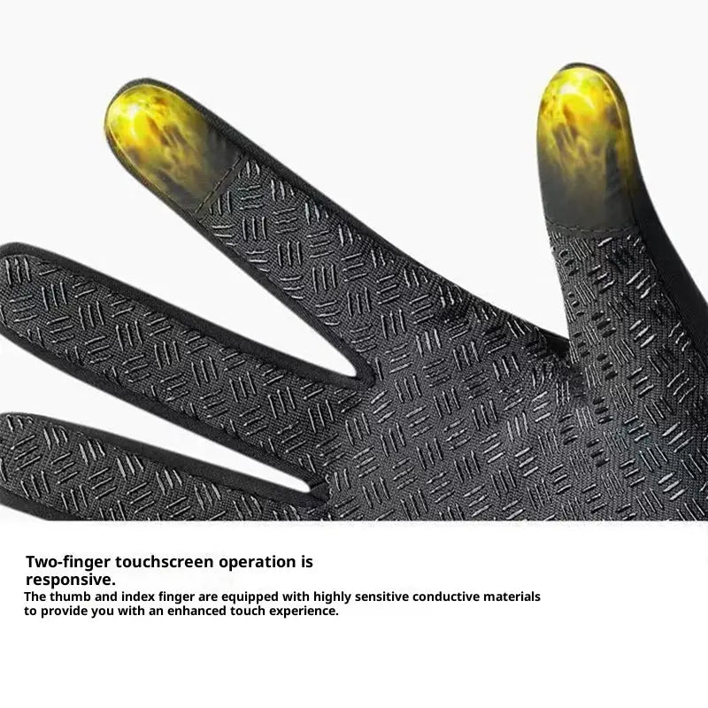 women’s winter cycling touchscreen gloves in black with a textured diamond plate pattern and yellow-tipped thumb and index fingers for enhanced touch sensitivity shown from the back side.