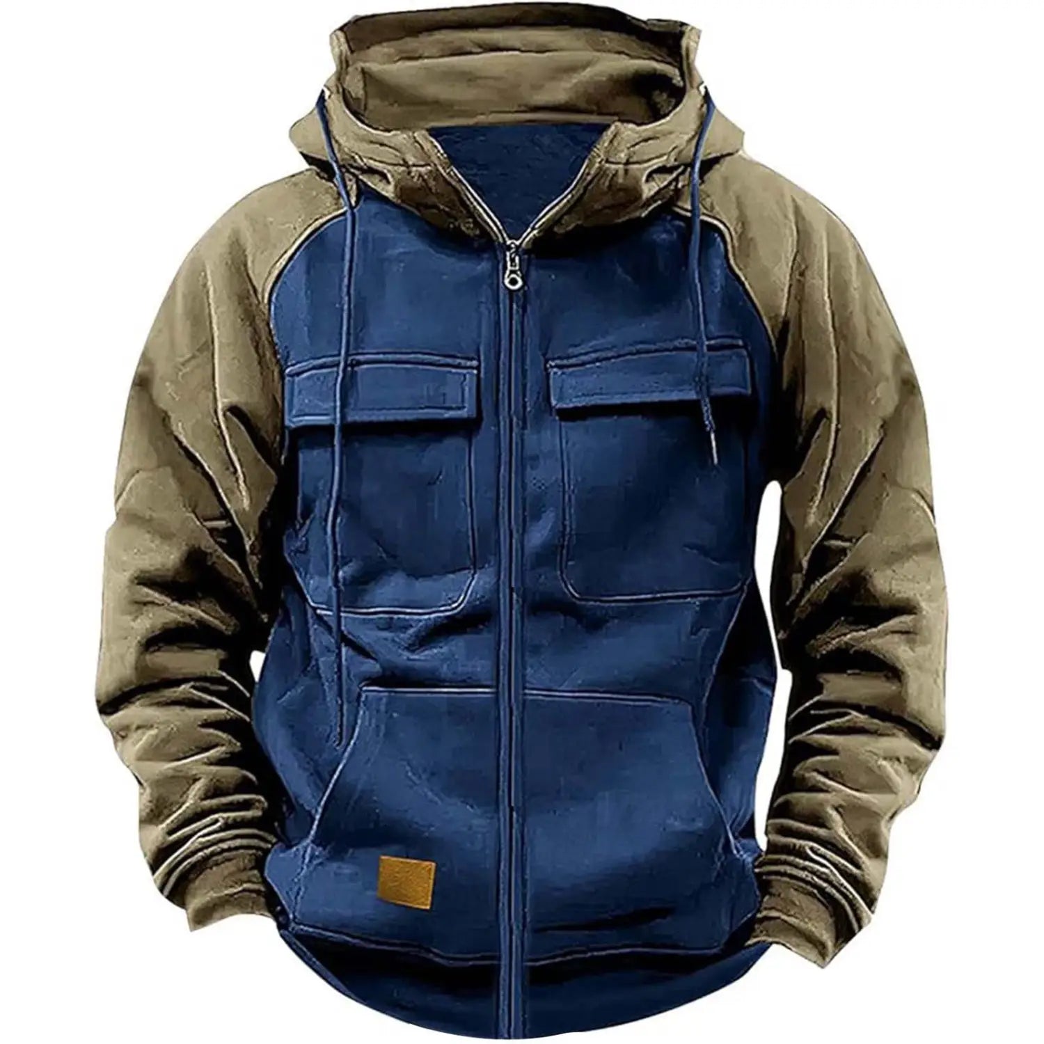 Men’s retro velvet lined zip hoodie in blue and olive green featuring two front pockets, a hood lined in matching fabric, and ribbed cuffs.