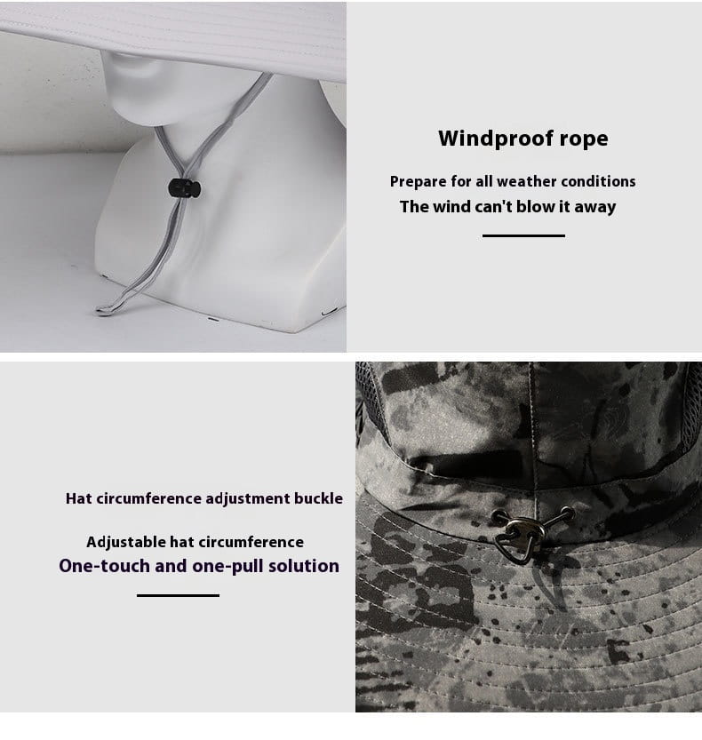 camouflage-patterned solar fan bucket hat with adjustable circumference and windproof rope strap designed for outdoor sun protection.