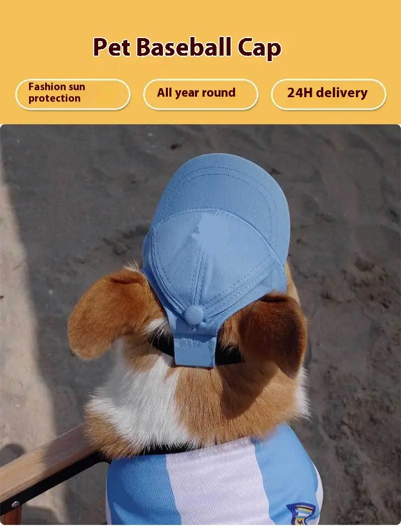 Light blue pet baseball cap with a classic curved brim and adjustable strap featuring ear holes for sun protection.