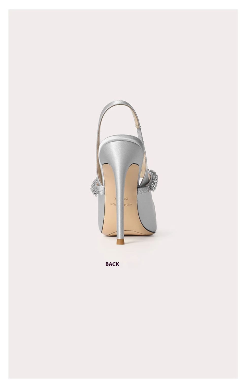 Silver satin slingback pump with a slender heel and crystal embellishments on the sides from the crystal satin slingback pointed toe high heels collection.