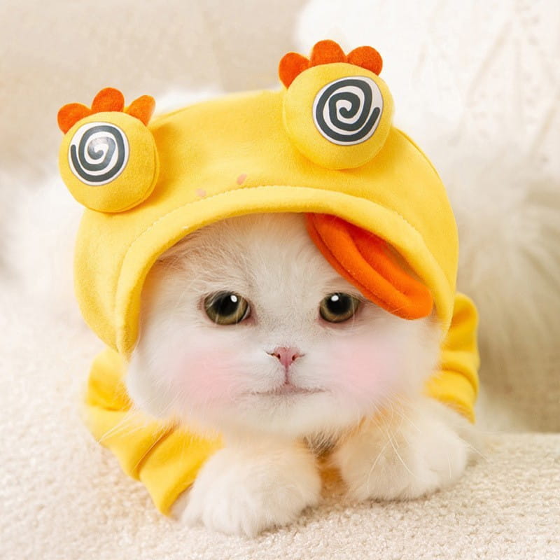 yellow plush frog costume with orange accents and spiral eye details featured as a dinosaur cat hoodie plush pet costume