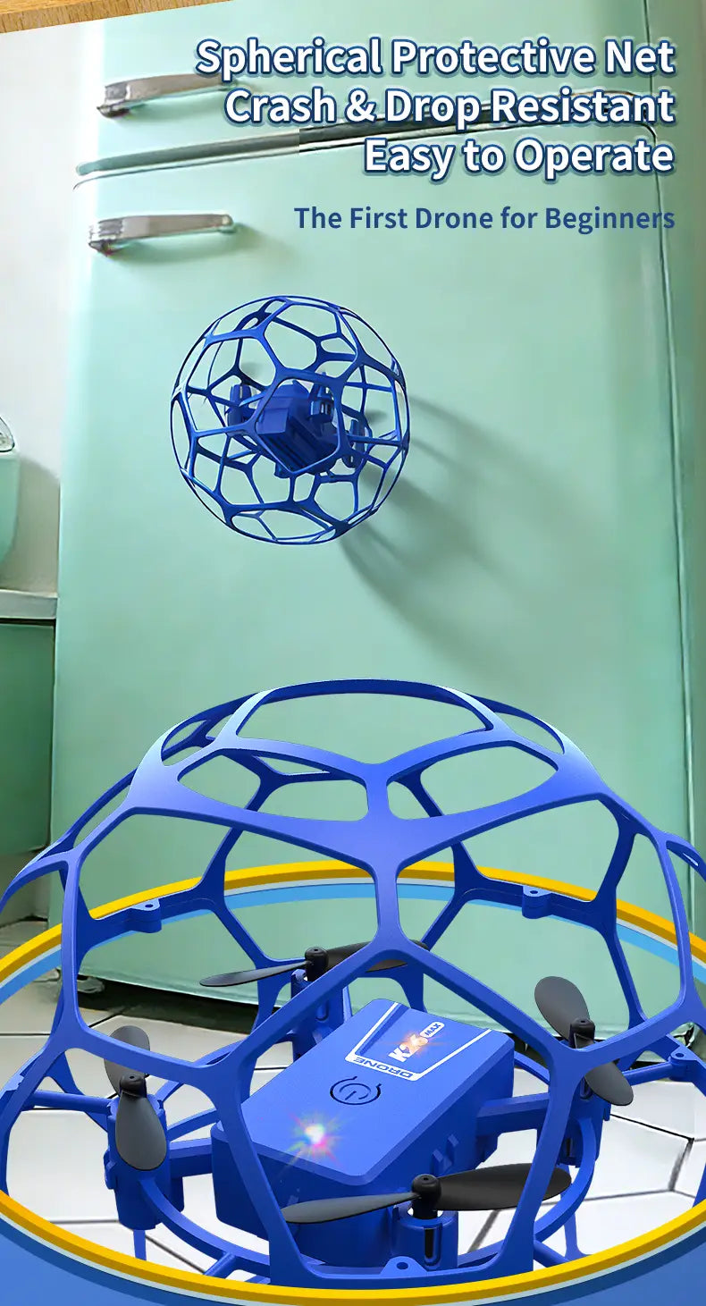 blue spherical protective net enclosing a small blue drone with gray propellers in the k26 football drone blue spherical cage toy with dual battery