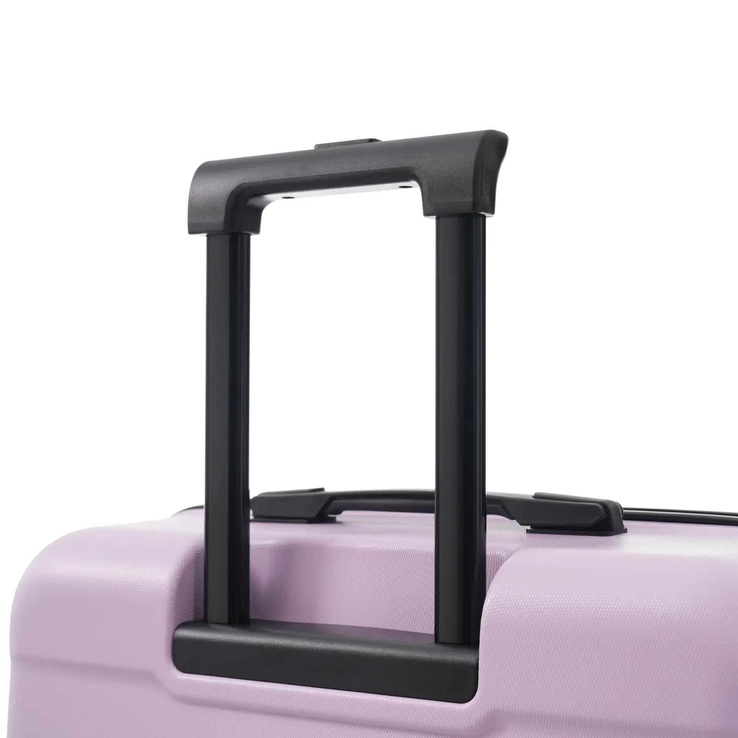 Lavender 6 piece hardshell luggage set featuring a lavender-colored hard-shell suitcase with black sturdy telescoping handles and spinner wheels.