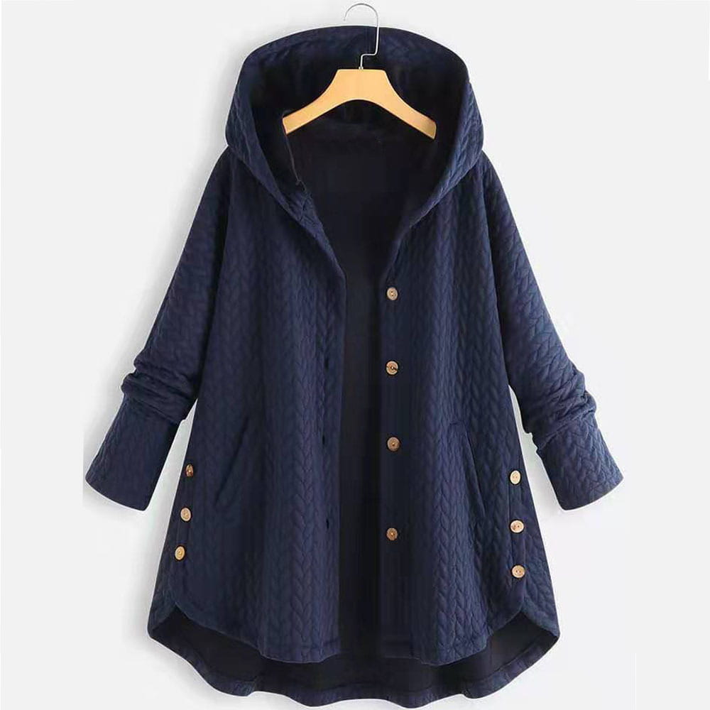 Dunkelblauer Steppjacke mit Kapuze aus Baumwolle für Damen mit goldfarbenen Knöpfen und einer Zopfmuster-Optik in einem mittellangen Design.